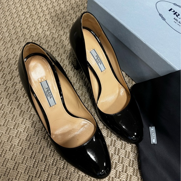Prada Black Patent Round Toe Pumps - Picture 3 of 10